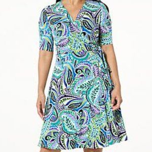 Nina Leonard Faux Wrap V Neck Miracle Jersey Knit Green Multi Color Midi Dress M